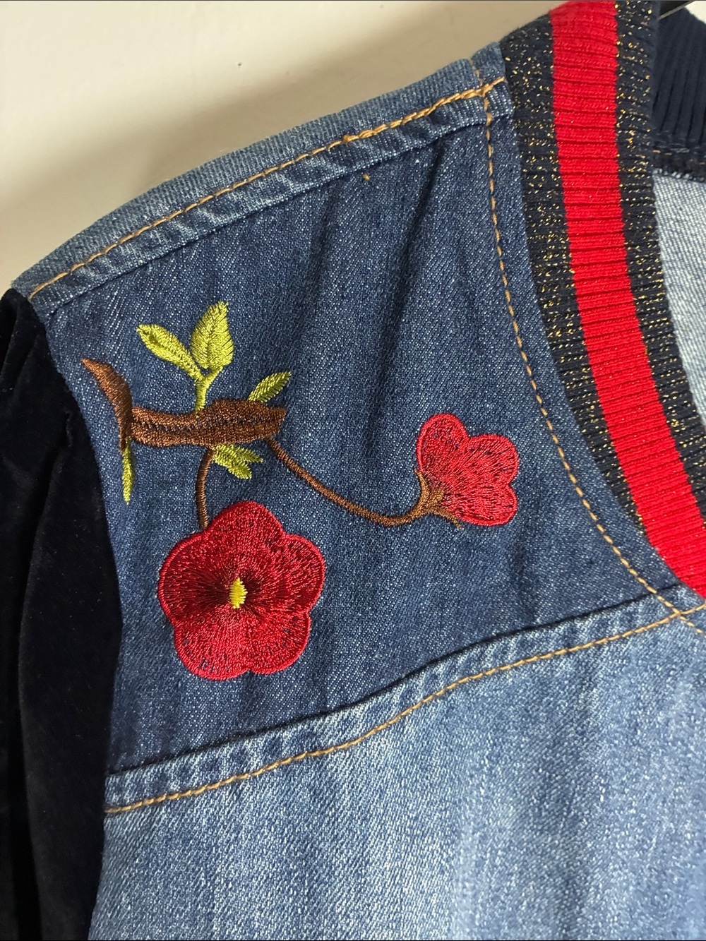 Desigual Embroidered Denim Velvet Bomber Jacket Tiger Birds EU 46 XL - Picture 5 of 16
